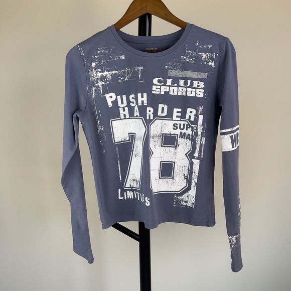 Homegirl Society Tops - Homegirl Society XL Blue Gray Graphic Long Sleeve Tee Club Sports Push Harder 78